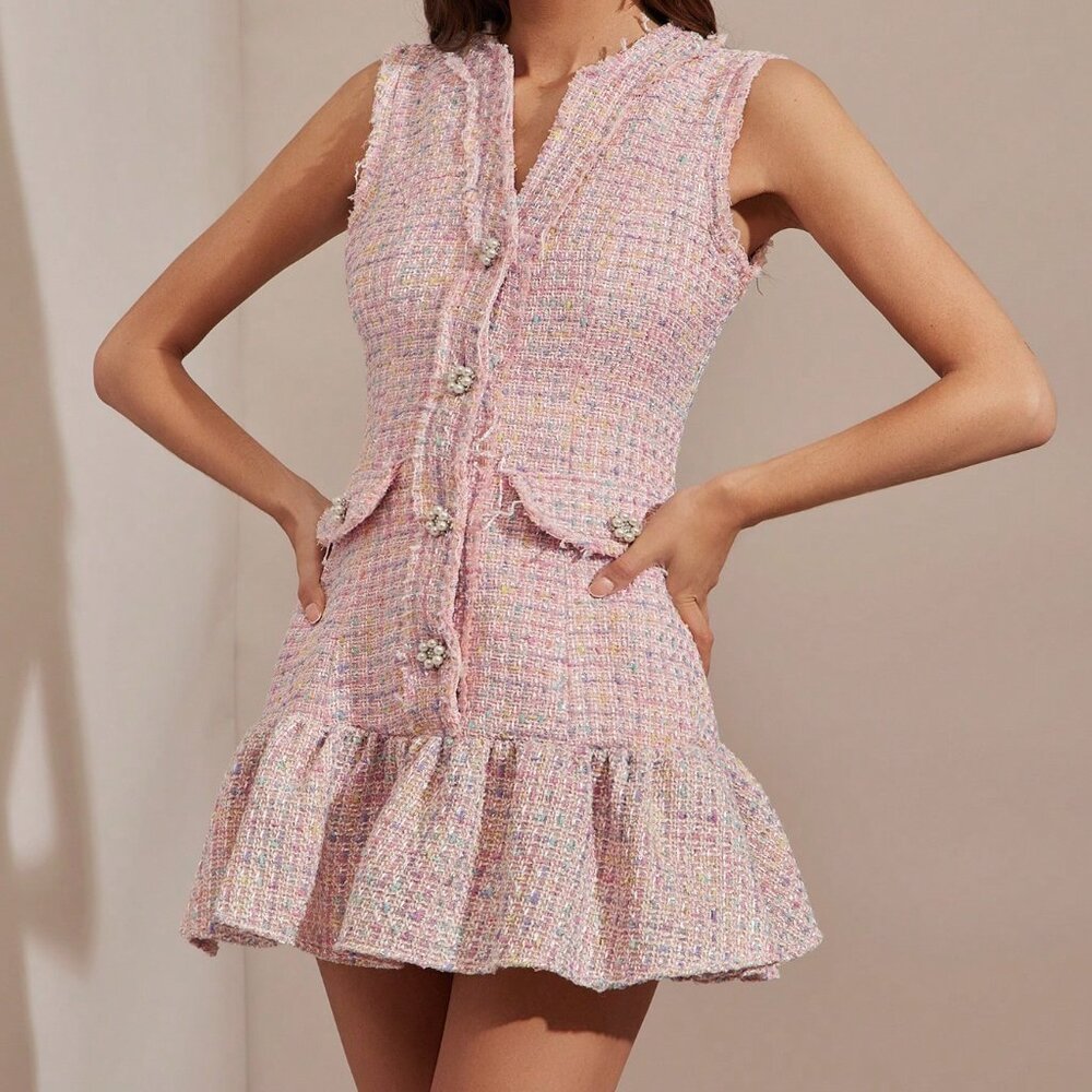 Pink Elegant Women's Floral Tweed Mini Dress - Picture 4 of 7